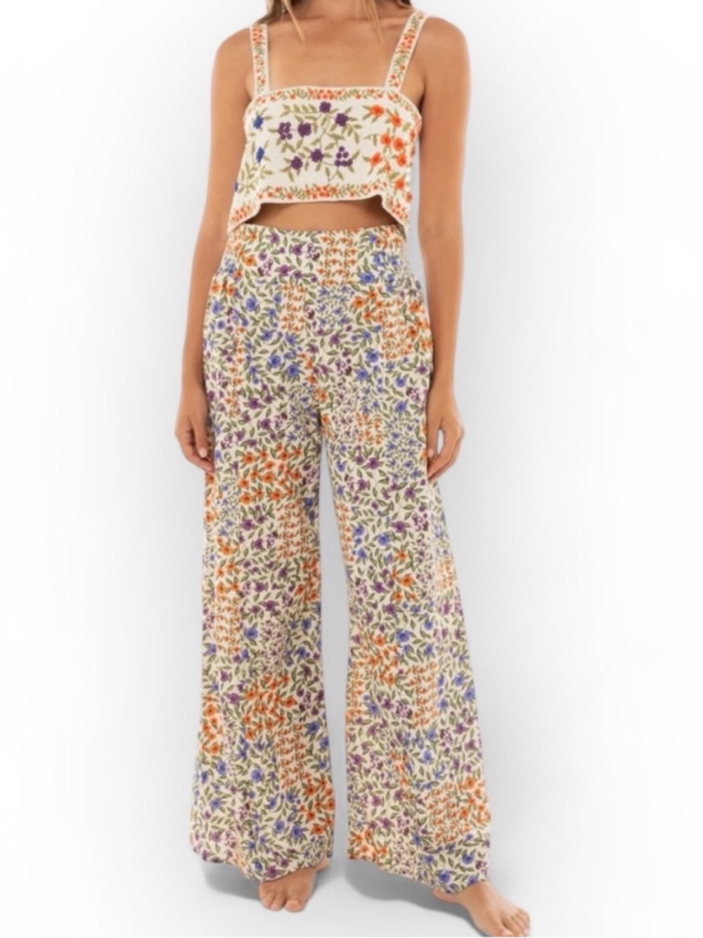 Agua Bendita Wide Leg Pants Medium Mar Seed Floral Print Pull On Stretch Waist